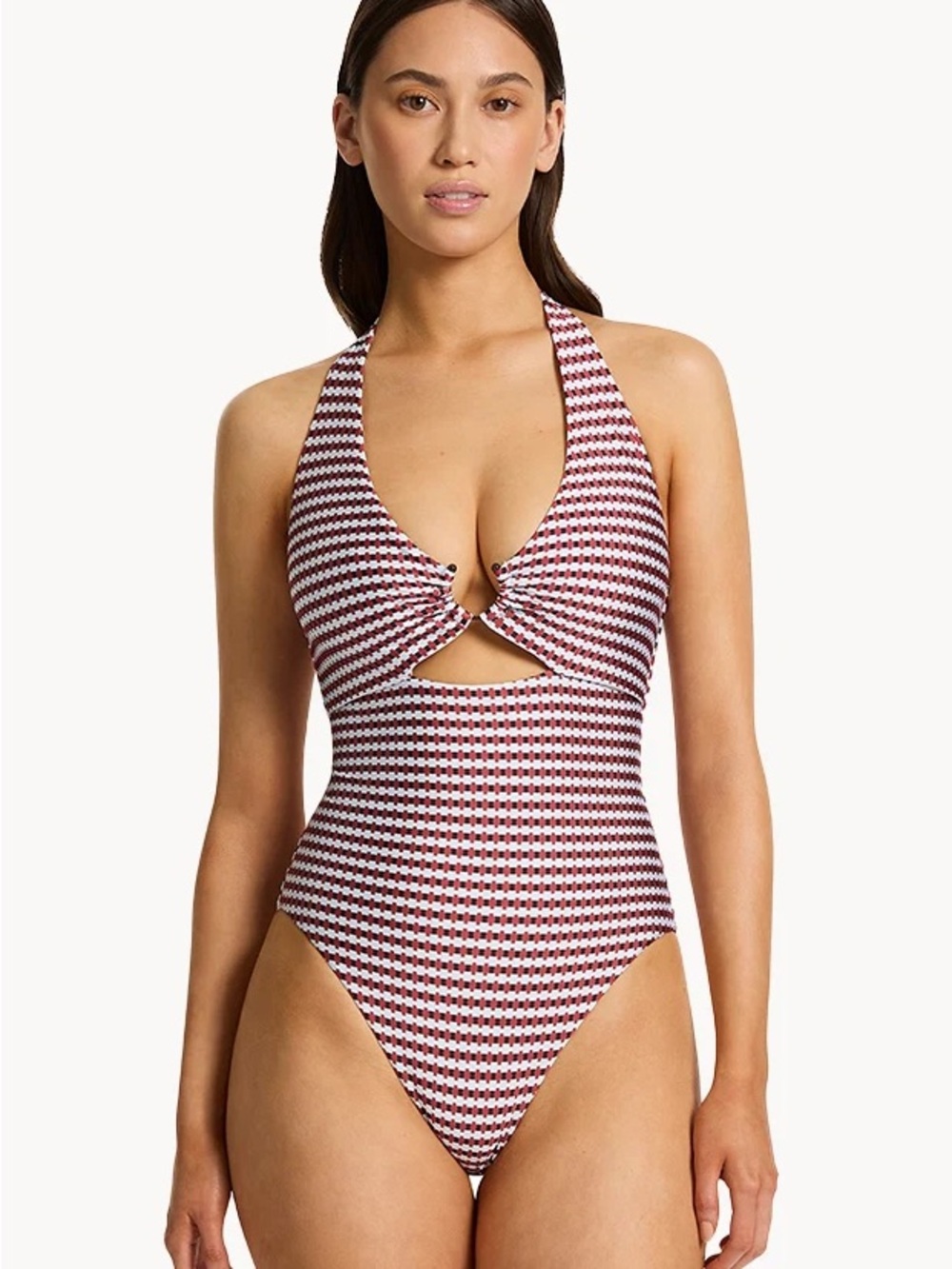 Houndstooth Halter One-Piece Swimsuit in Burgundy and White
